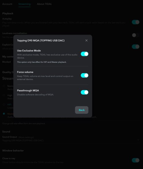 Stream Device Settings within Tidal for MQA pasathrough volume control and setting exclusive m...JPG