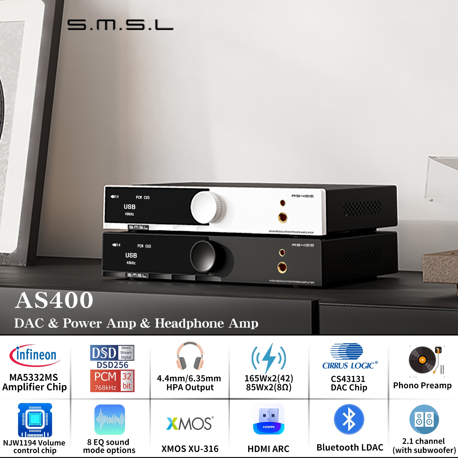 SMSL AS400 — All-in-One DAC, power Amp & MM Phono Amp | Headphone