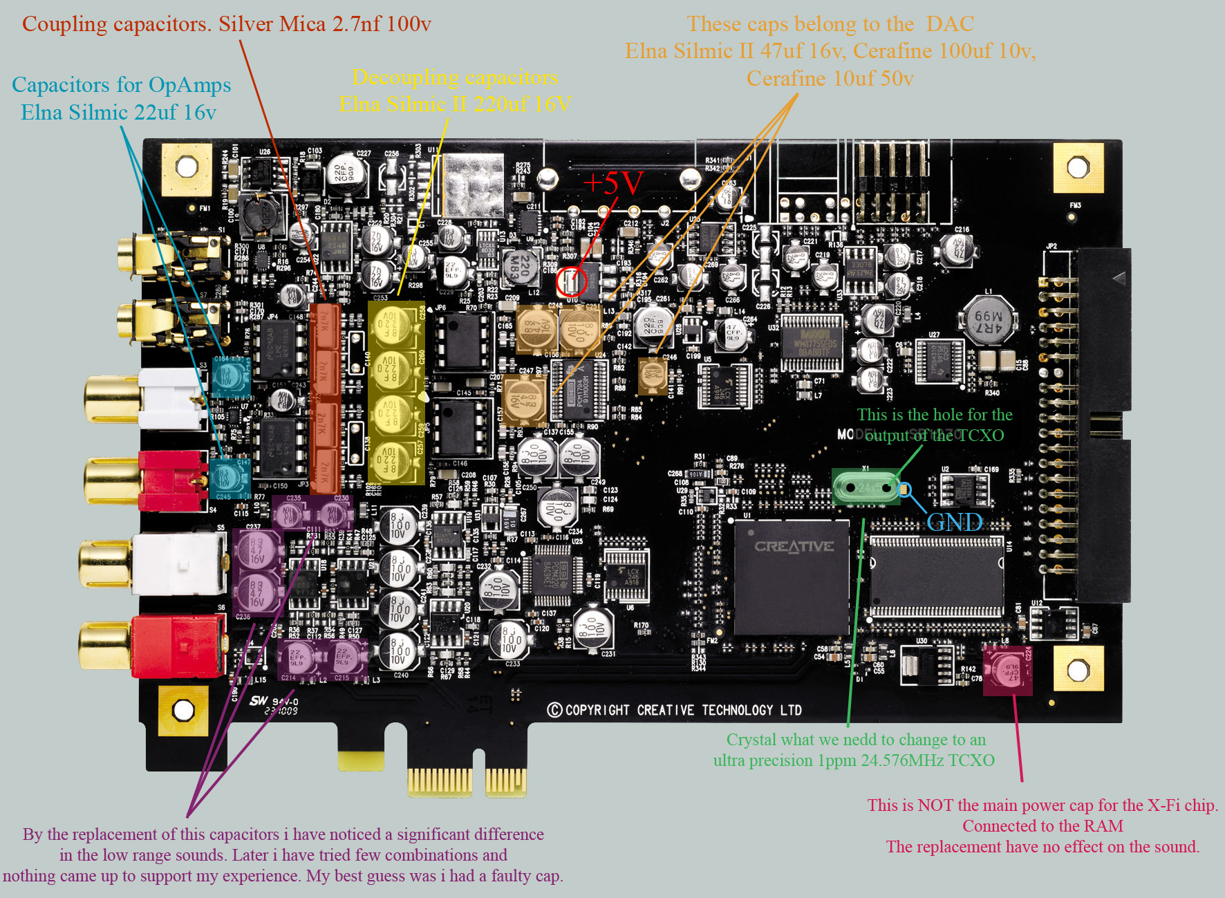 How to change the crystal. Basically the same as on the XtremeMusic with few differences in the connections. The right hole near the X-Fi chip is the place ...