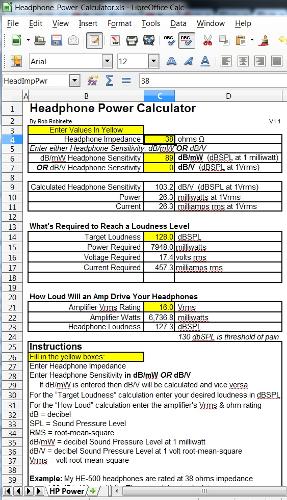 Headphone Power Calculator Spreadsheet